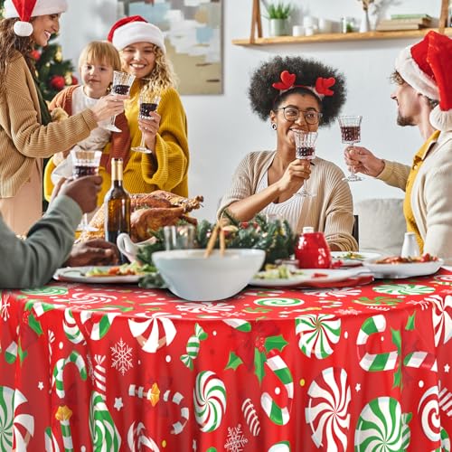 6Pcs Christmas Candy Cane Tablecloth Set - Red Green 84 Inch Round Holiday Decor