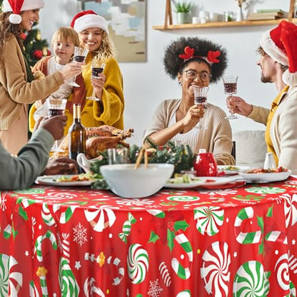6Pcs Christmas Candy Cane Tablecloth Set - Red Green 84 Inch Round Holiday Decor