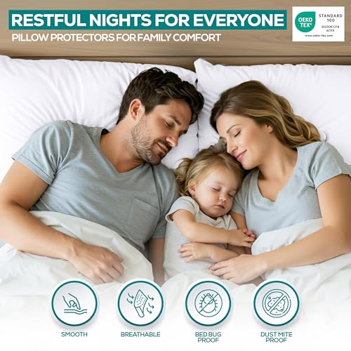Set of 2 Pillow Protectors with Zipper Standard Size, Bed Bug and Dust Mite Proof Pillow Covers, Ultra Soft Pillow Encasements, Moisture Wicking and Waterproof Pillow Cases by Utopia Bedding (White)