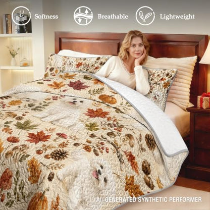 BlessLiving Maple Maltese Quilt Set - All-Season Microfiber Bedding, Full/Queen