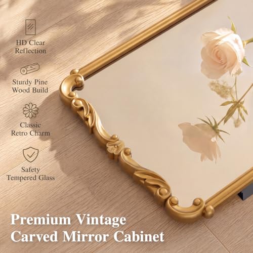 Vintage Wooden Medicine Cabinet with Mirror and Storage - Gold, 20x30 Inches