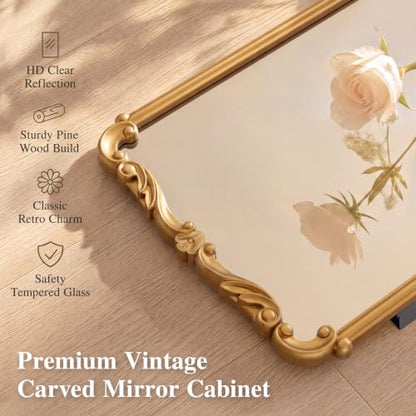 Vintage Wooden Medicine Cabinet with Mirror and Storage - Gold, 20x30 Inches