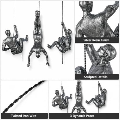 Silver Climbing Men Wall Art Sculpture - Modern Home & Office Decor - Set of 3