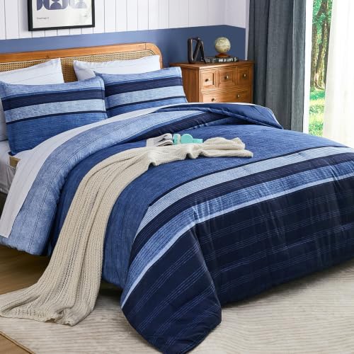 Navy Blue Queen Comforter Set 7 Pieces Striped Bed in a Bag - Soft Microfiber