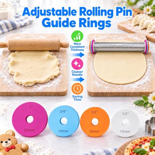 4 Pack Baking Rolling Pin Guide Rings - Food-Grade Silicone Thickness Spacers