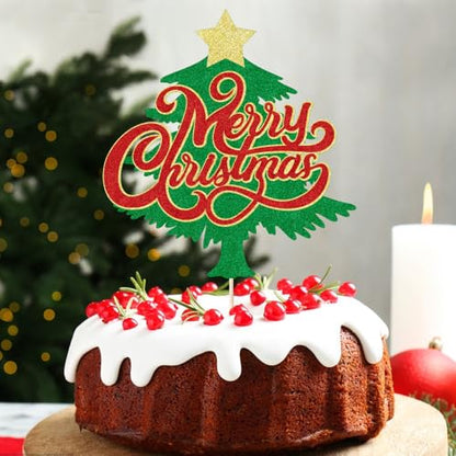 Merry Christmas Cake Topper Red Green Glitter Holiday Decoration - Red 2