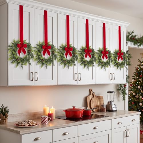 Mini Christmas Wreath Set with Red Velvet Bow - 6 Pcs Holiday Decor