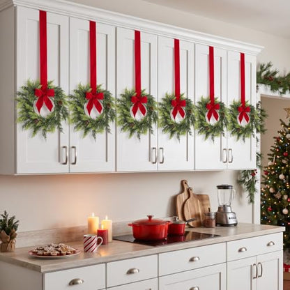 Mini Christmas Wreath Set with Red Velvet Bow - 6 Pcs Holiday Decor
