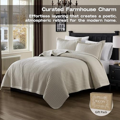 WDCOZY Cal King Size Quilt Set - Beige Striped Pick Stitch Bedspread