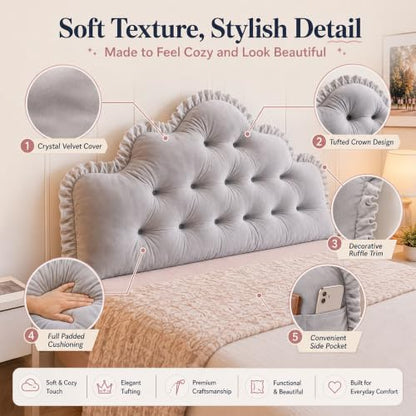 Twin XL Velvet Headboard Pillow with Tufted Crown and Ruffle Trim - Beige, 100cm