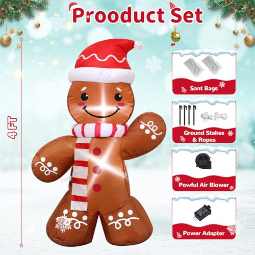 4 ft Inflatable Gingerbread Man Christmas Decoration with Santa Hat & LED Lights