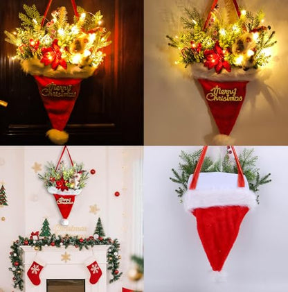 Christmas Wreath with Santa Hat Lights for Front Door & Holiday Decor