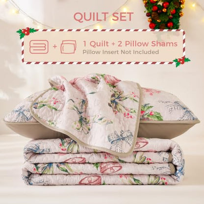 Christmas King Quilt Bedding Set with Bells & Bows Pattern - King Size 110x90