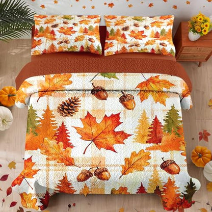 Queen Fall Quilt Set with Pillow Shams - Autumn Leaves Bedding, 3 Pieces