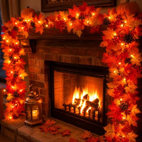 Lush Fall Garland with Lights, Pinecones & Berries - 108 Inches, Connectable, UL Certified