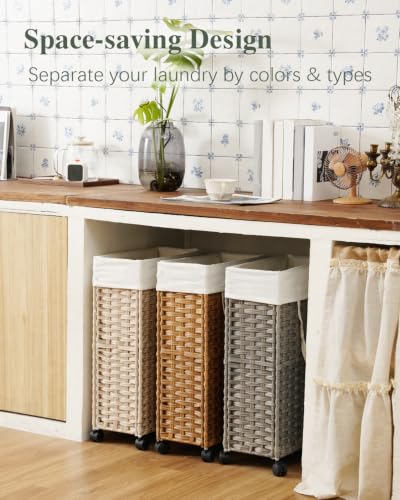 SETVSON Slim Laundry Hamper with Wheels 48L Natural Narrow Space-Saving Design