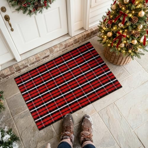 Christmas Buffalo Plaid Rug 2x4.3 Feet Front Door Mat - Red, Holiday Decor