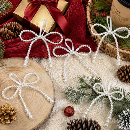 8Pcs Christmas Pearl Bow Ornaments for Tree & Holiday Decor