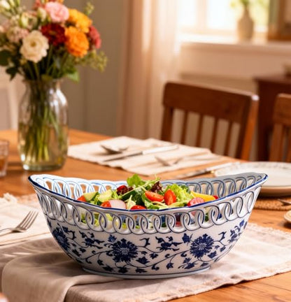 Porcelain Fruit Bowl with Drainage Hollow Design Hand Painted Floral Decor