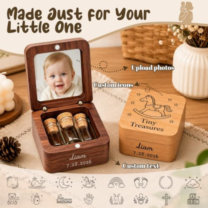 KDY Personalized Baby Keepsake Box - Custom Engraved Wooden Memory Box with Photo Display - Raw Walnut Wood
