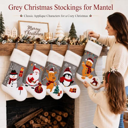 Gray Christmas Stockings Set of 5 - 20 Inch Burlap with Faux Fur Cuff