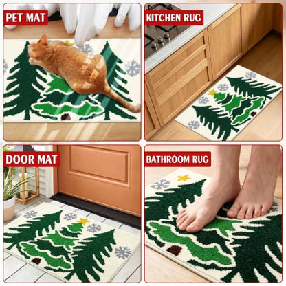 Christmas Bathroom Rug - Green Tree Christmas Decor, Non-Slip Xmas Mat