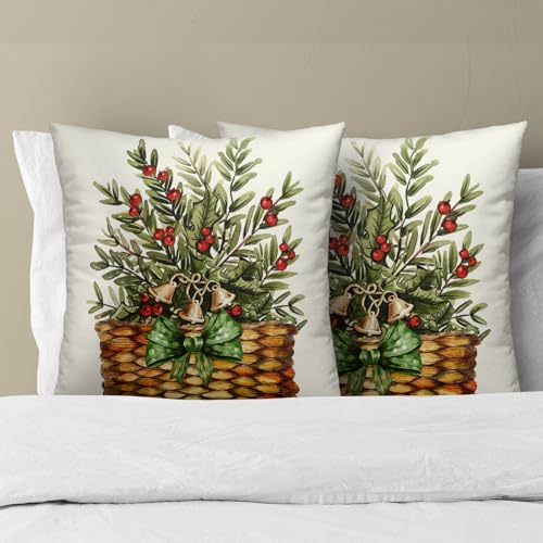 Winter Botanical Throw Pillow Covers 16x16 Inch Set of 2 Pine Branches Red Berries Basket