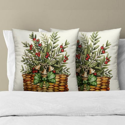 Winter Botanical Throw Pillow Covers 16x16 Inch Set of 2 Pine Branches Red Berries Basket