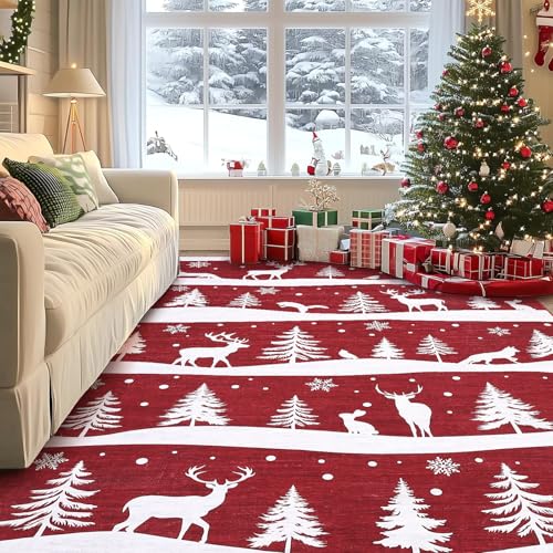 Red 9x12 Christmas Rug with Reindeer & Snowflakes - Washable Non-Slip Living Room Carpet