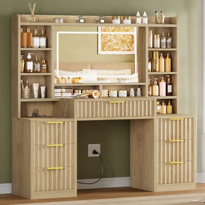Lighted Vanity Desk with Mirror, 7 Drawers & 6 Open Shelves, USB & Outlet Power
