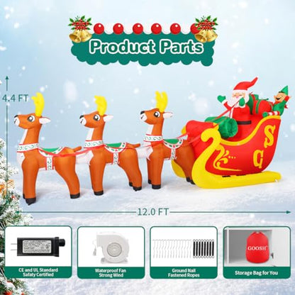 12 Ft Christmas Inflatable Reindeer with Santa Sleigh & LED Lights for Outdoor Yard Decor