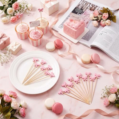 Pink Bow Cocktail Picks - 100PCS Food & Drink Garnish Skewers