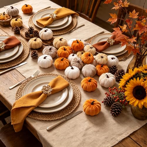24 Pcs Rustic Fall Velvet Pumpkins Artificial Harvest Decor - Orange, Champagne, White & Khaki