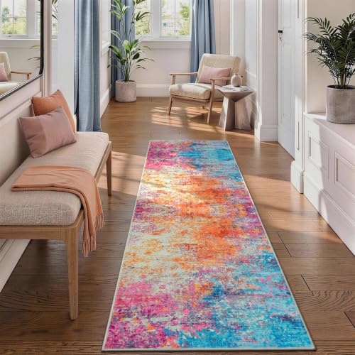 Rainbow Washable Runner Rug 2x6 Feet for Hallway Kitchen - Colorful Non-Slip Mat