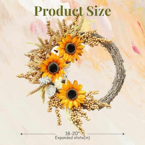 20 Inch Fall Sunflower Wreath with White Pumpkin and Berries for Front Door