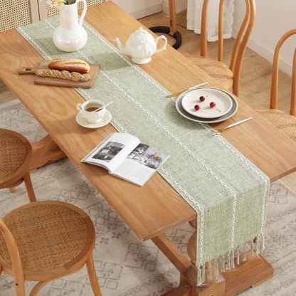 Rustic Table Runner with Tassels - Sage Green 13x86 Inches Farmhouse Boho Linen Cotton