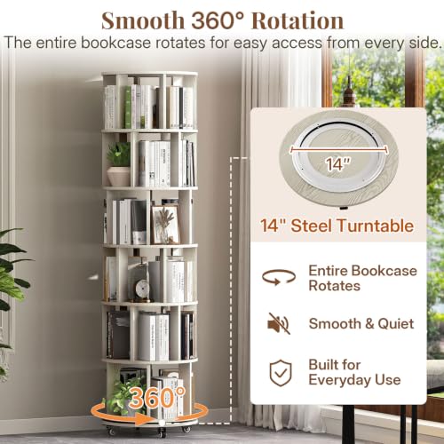 6-Tier Rotating Bookshelf Tower - Vintage White 360° Spin Storage