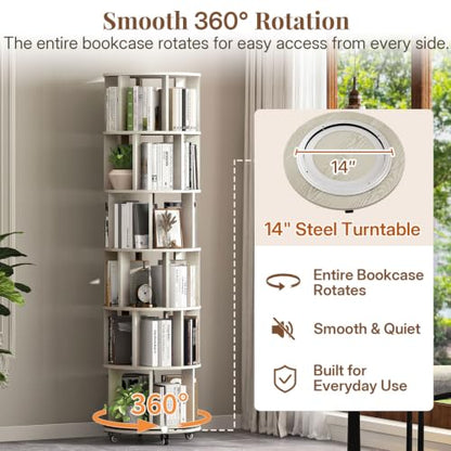 6-Tier Rotating Bookshelf Tower - Vintage White 360° Spin Storage