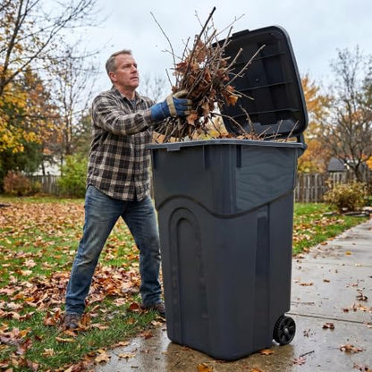 32 Gallon Heavy Duty Plastic Trash Can with Lid and Rugged Wheels - Black