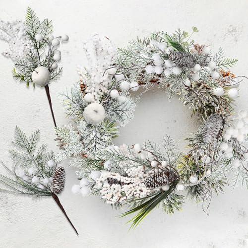 Shiny White Christmas Floral Picks 16 Pcs Artificial Berries & Pine Cones