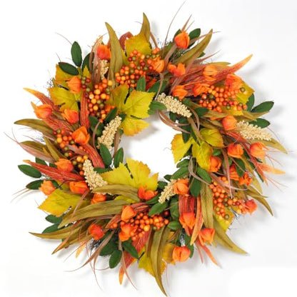 22 Inch Fall Harvest Wreath with Lantern Flowers and Wheat - Front Door Decor