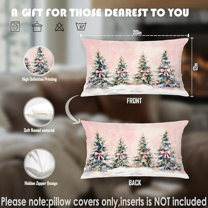 Christmas Tree Coquette Pink Bow Lumbar Pillow Cover 12x20 Pack of 1 - Girly Holiday Decor