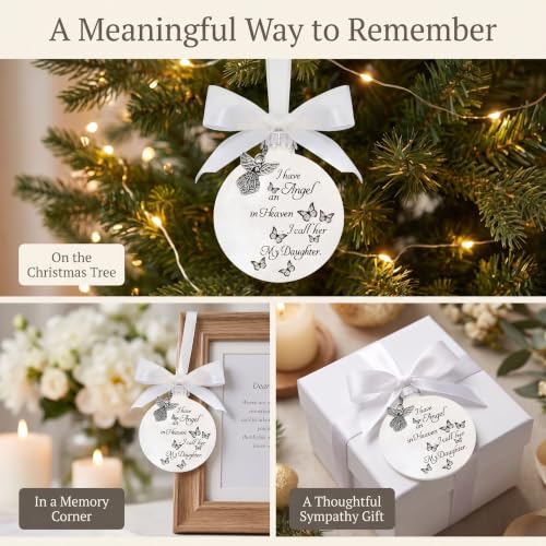 Angel Memorial Ornament with White Feathers and Bow Tie - Christmas Holiday Decorations for Loss of Daughter