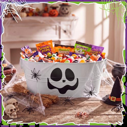 Halloween Galvanized Buckets Set - 4 Gallon Candy & Drink Buckets with Pumpkin Ghost Pattern - Orange & White, Variation: Pumpkin Ghost / Orange, White / 2