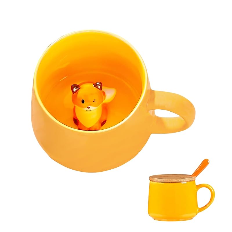 Fox Mugs with 3D Fox Inside, Ceramic Coffee Mug with Lid & Spoon - 13.5oz - Variation: Fox