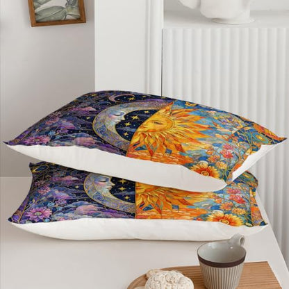 Queen Duvet Cover Set with Sun Moon Floral Mosaic - Celestial Microfiber Bedding