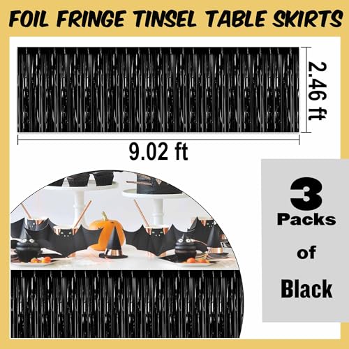 Black Foil Fringe Table Skirts 3 Pack - Metallic Tinsel Streamers for Party Decor