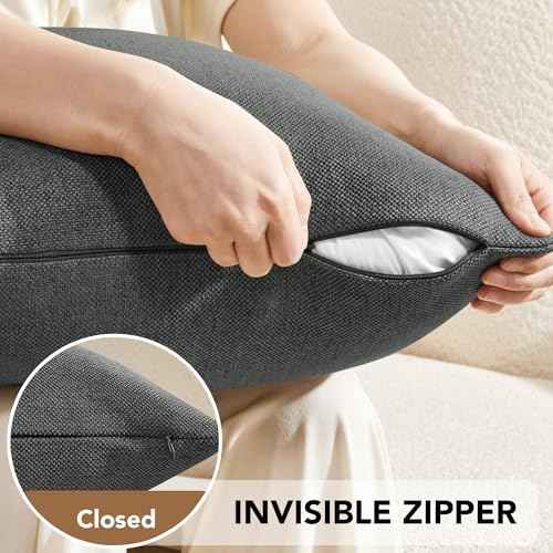 Deconovo Pack of 2 Pillow Covers 18x18, Decorative Linen Pillow Covers Accent Throw Cushion Case with Leather Label, Soft Boho Farmhouse Pillowcase for Couch Sofa Bed Living Room Decor, Dark Grey