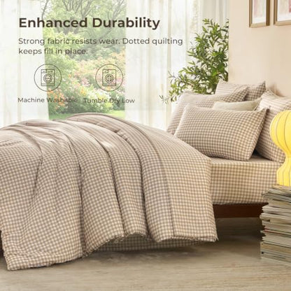 Litanika Full Size Tan Gingham Comforter Set - 7 Pieces Bedroom Bedding