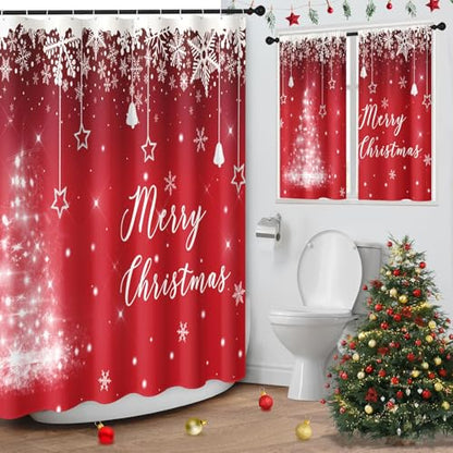 Christmas Red Shower Curtain Set with Window Curtains - 72x72 Inches